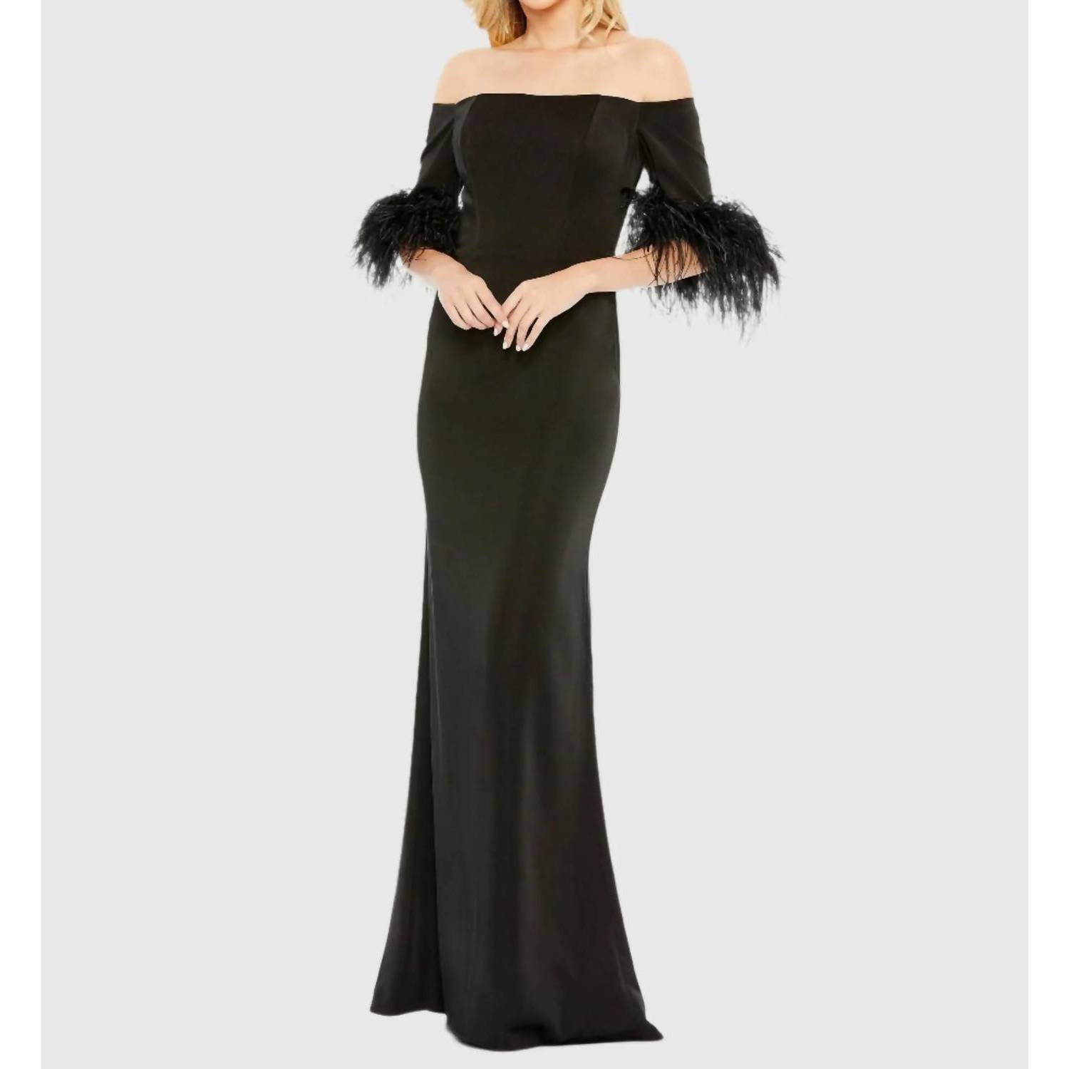 New Mac Duggal Feather Trim Off The Shoulder Column Gown In Black